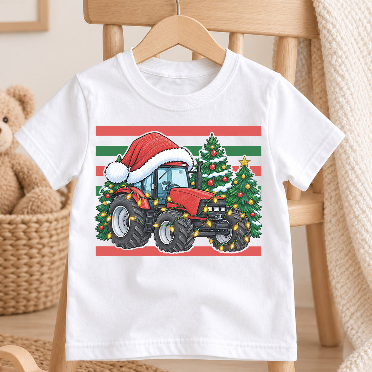Christmas Tractor Kids Shirt, Red Tractor Santa Hat Tee, Farm Christmas T Shirt, Holiday Tractor Gift for Boys — product view 4