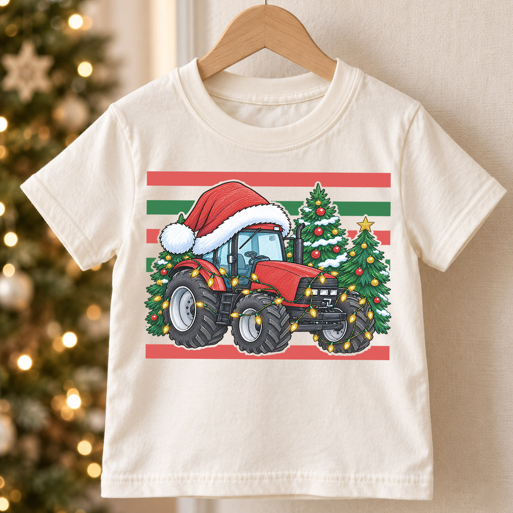 Christmas Tractor Kids Shirt, Red Tractor Santa Hat Tee, Farm Christmas T Shirt, Holiday Tractor Gift for Boys — product view 5