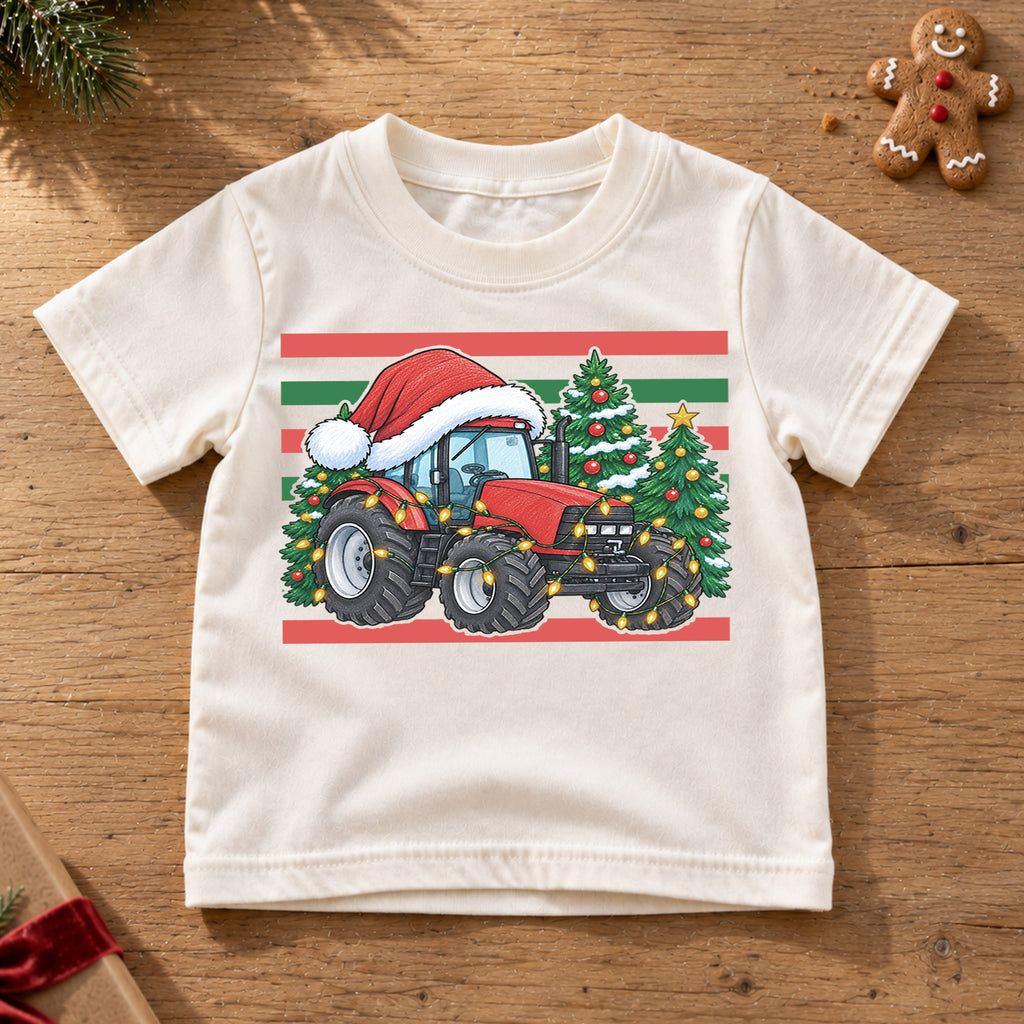Christmas Tractor Kids Shirt, Red Tractor Santa Hat Tee, Farm Christmas T Shirt, Holiday Tractor Gift for Boys — product view 6