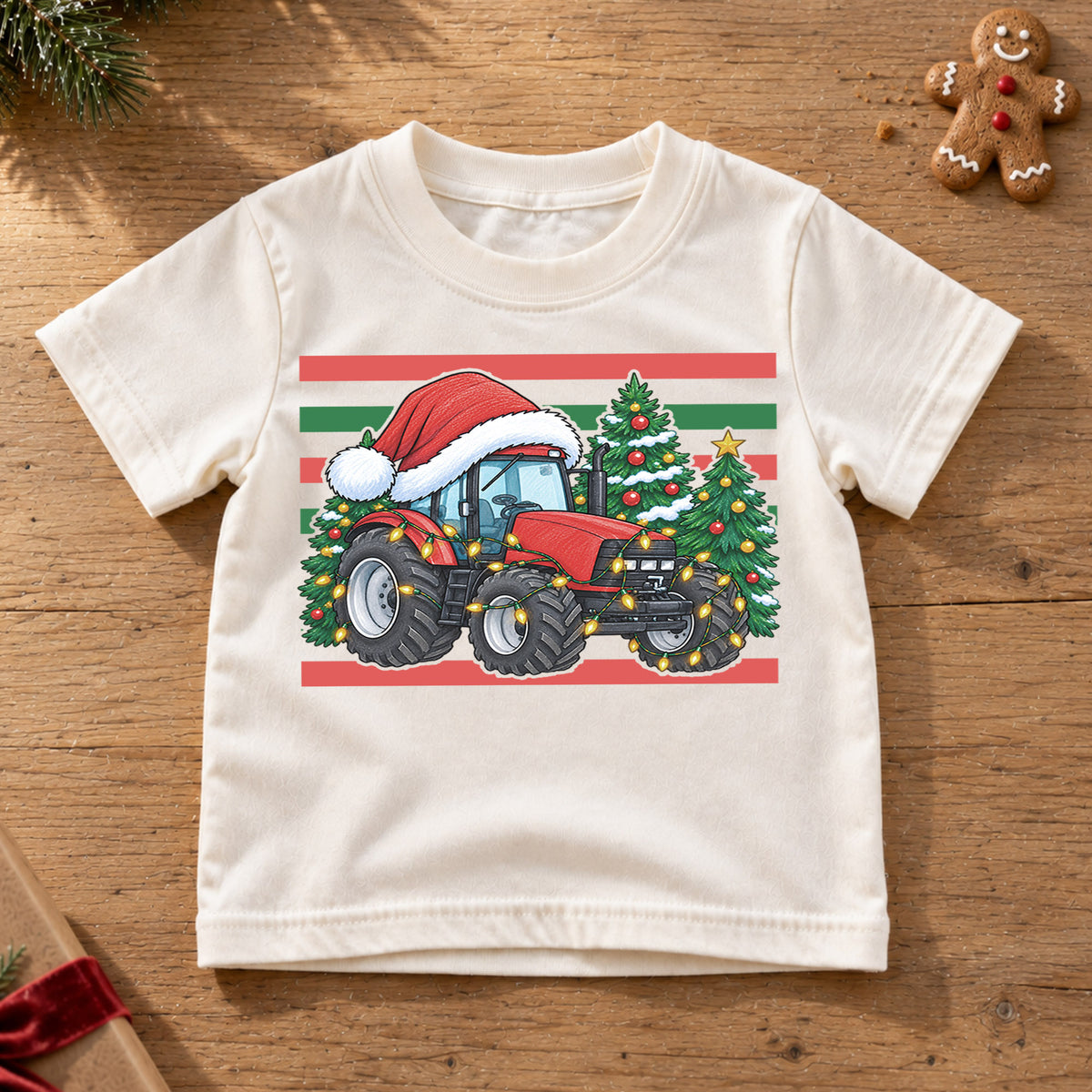 Christmas Tractor Kids Shirt, Red Tractor Santa Hat Tee, Farm Christmas T Shirt, Holiday Tractor Gift for Boys — product view 6