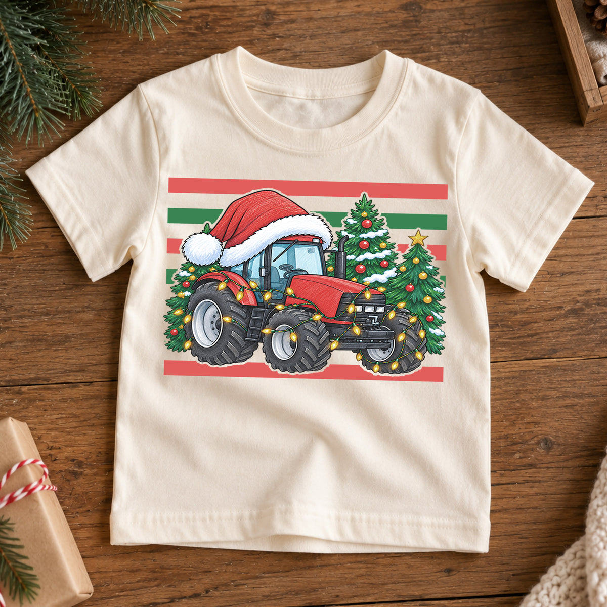Christmas Tractor Kids Shirt, Red Tractor Santa Hat Tee, Farm Christmas T Shirt, Holiday Tractor Gift for Boys — product view 7