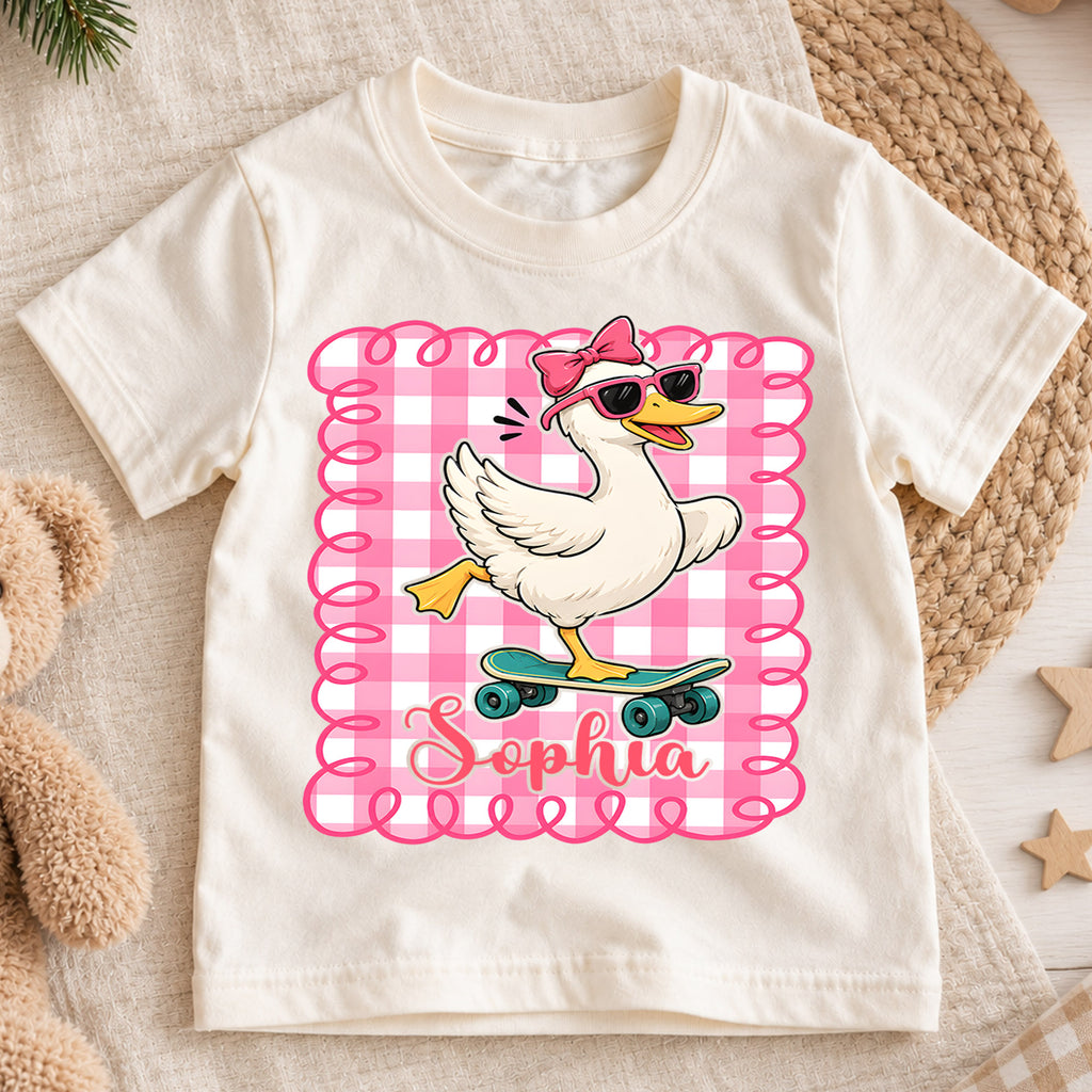Personalized Goose Christmas Girls T-Shirt, Custom Name Pink Gingham Skateboard Shirt, 1st Christmas Gift, My First Birthday Holiday Outfit — product view 1