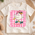 Personalized Goose Christmas Girls T-Shirt, Custom Name Pink Gingham Skateboard Shirt, 1st Christmas Gift, My First Birthday Holiday Outfit — product view 1