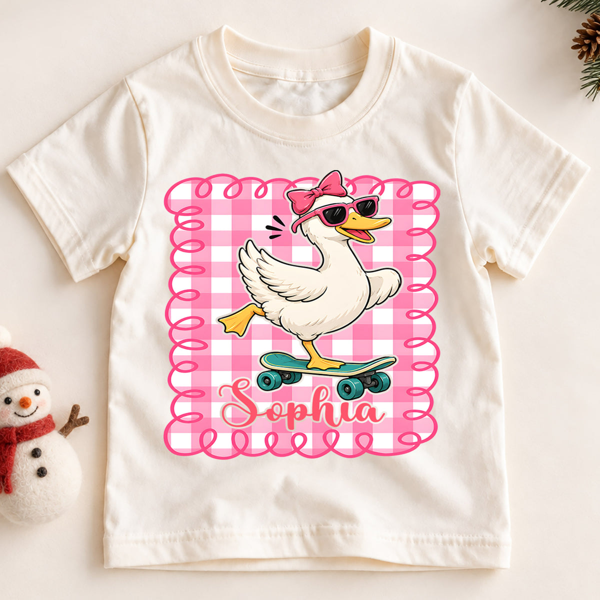 Personalized Goose Christmas Girls T-Shirt, Custom Name Pink Gingham Skateboard Shirt, 1st Christmas Gift, My First Birthday Holiday Outfit — product view 2
