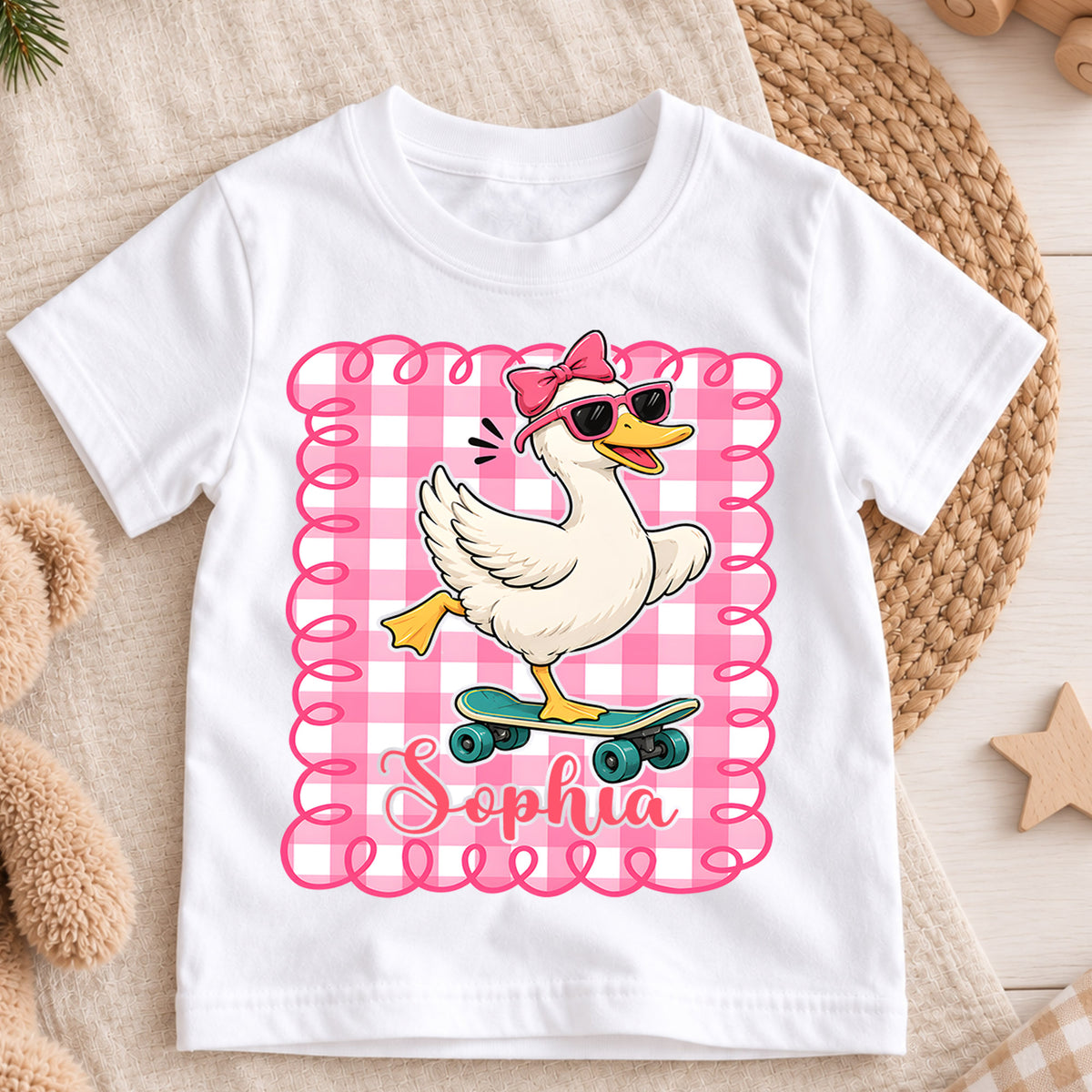 Personalized Goose Christmas Girls T-Shirt, Custom Name Pink Gingham Skateboard Shirt, 1st Christmas Gift, My First Birthday Holiday Outfit — product view 3