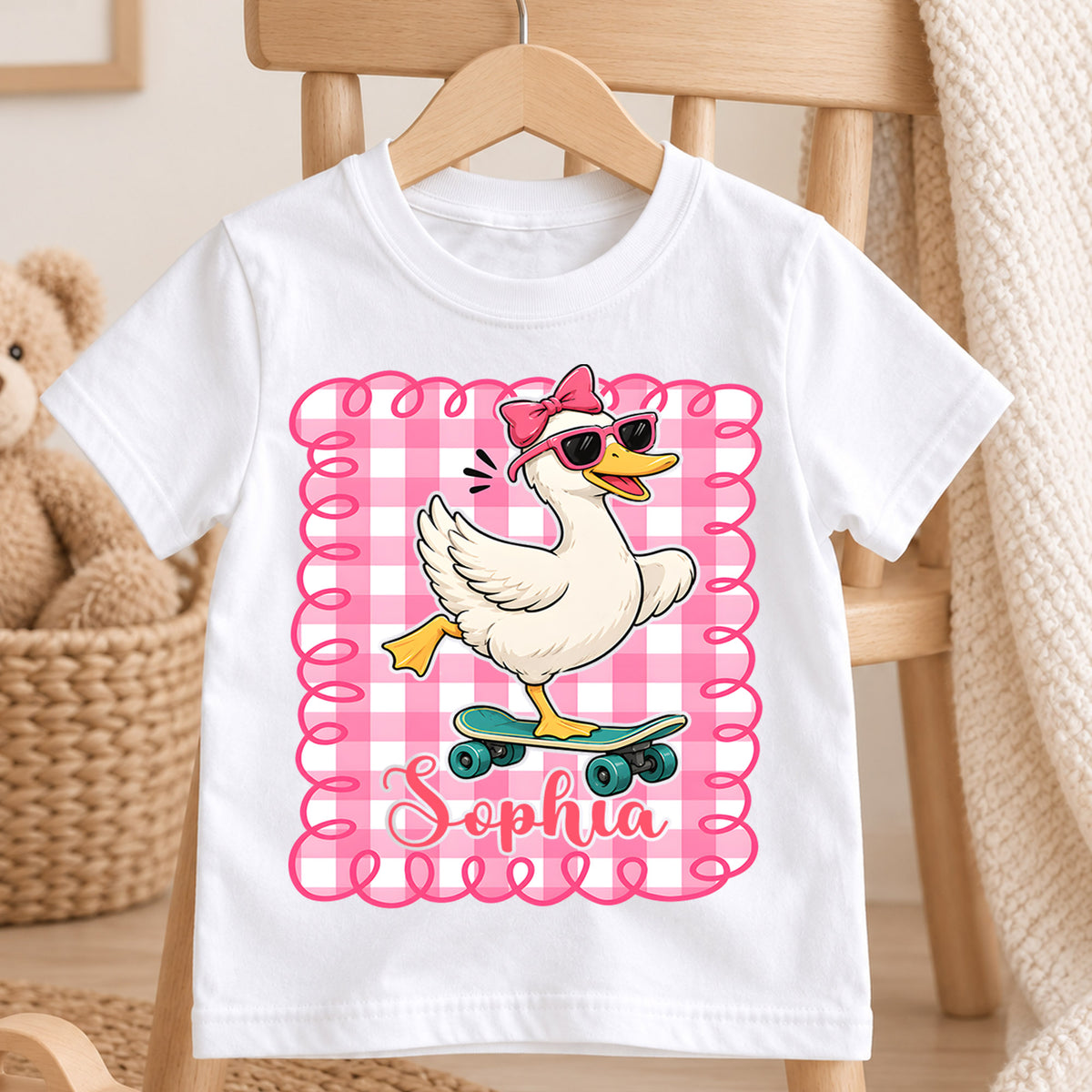 Personalized Goose Christmas Girls T-Shirt, Custom Name Pink Gingham Skateboard Shirt, 1st Christmas Gift, My First Birthday Holiday Outfit — product view 4