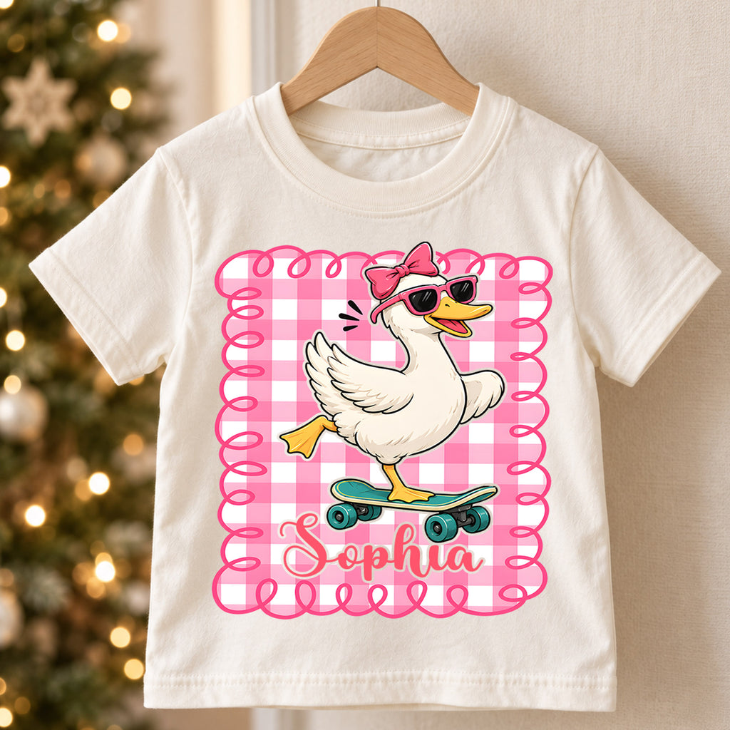 Personalized Goose Christmas Girls T-Shirt, Custom Name Pink Gingham Skateboard Shirt, 1st Christmas Gift, My First Birthday Holiday Outfit — product view 5