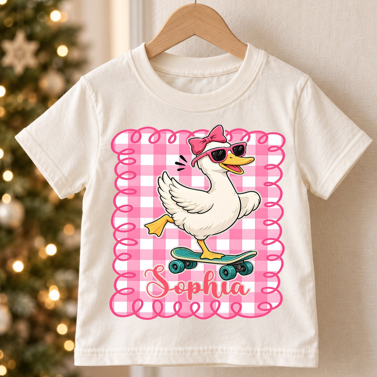 Personalized Goose Christmas Girls T-Shirt, Custom Name Pink Gingham Skateboard Shirt, 1st Christmas Gift, My First Birthday Holiday Outfit — product view 5