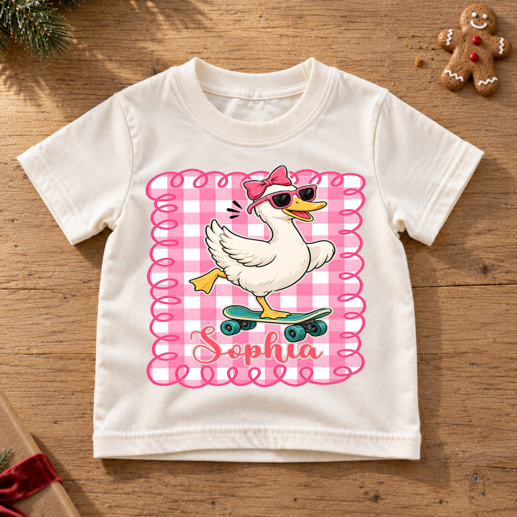 Personalized Goose Christmas Girls T-Shirt, Custom Name Pink Gingham Skateboard Shirt, 1st Christmas Gift, My First Birthday Holiday Outfit — product view 6