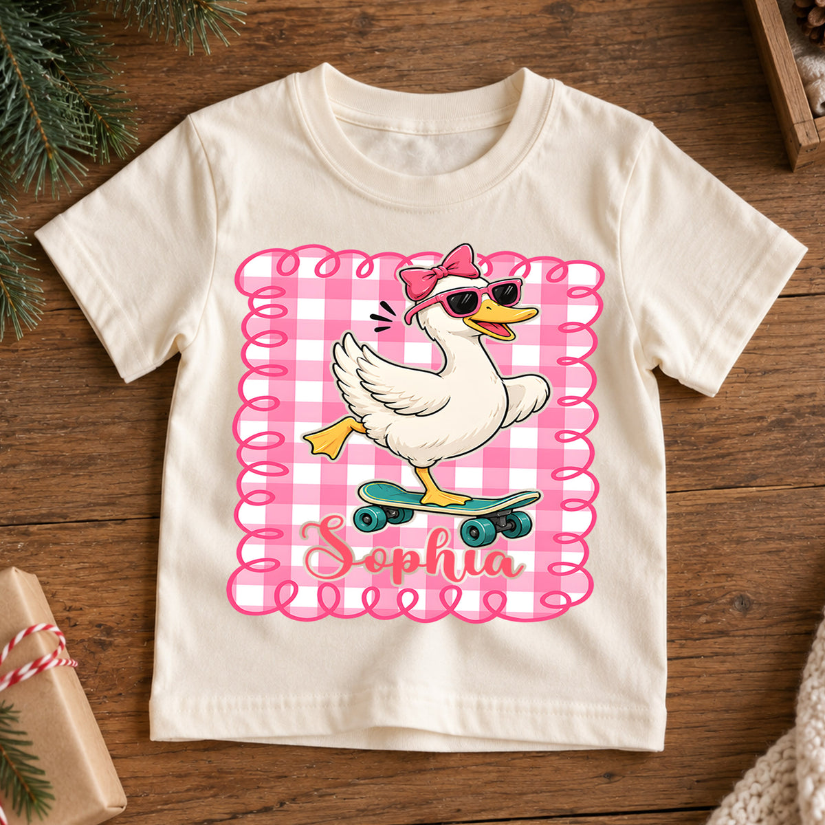 Personalized Goose Christmas Girls T-Shirt, Custom Name Pink Gingham Skateboard Shirt, 1st Christmas Gift, My First Birthday Holiday Outfit — product view 7