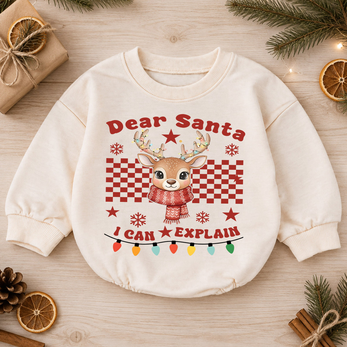 Dear Santa I Can Explain Reindeer Baby Romper, Funny Christmas Holiday Outfit, Toddler Xmas Clothes, Baby Gift — product view 1