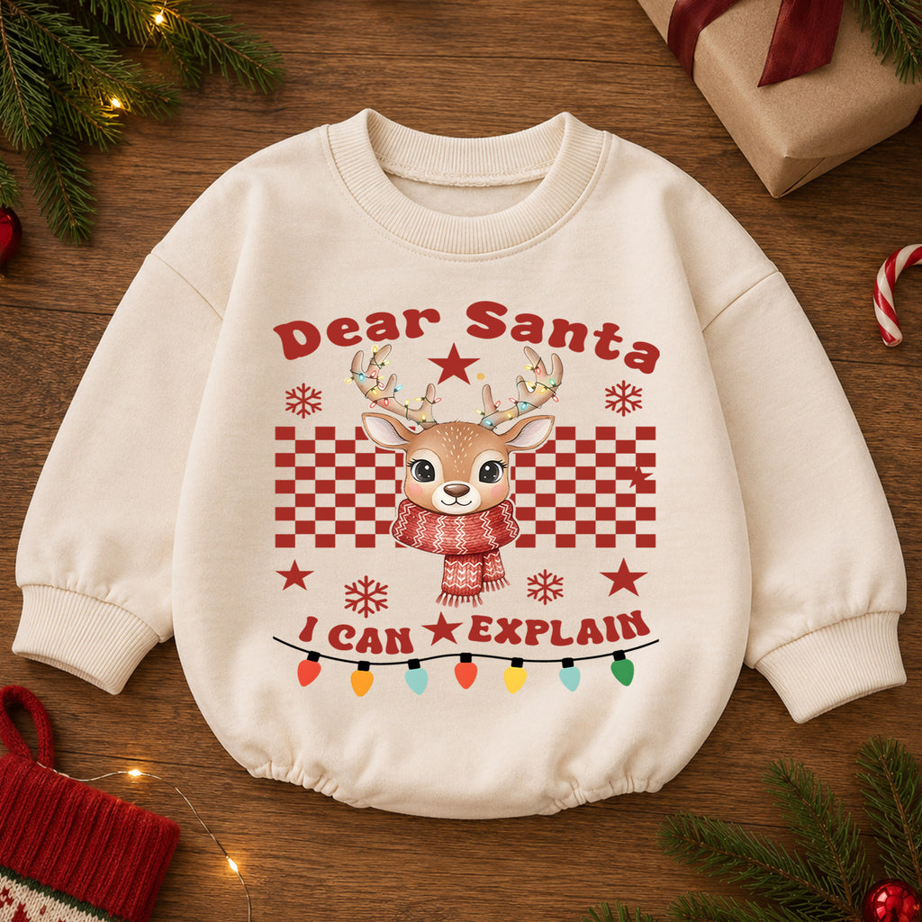 Dear Santa I Can Explain Reindeer Baby Romper, Funny Christmas Holiday Outfit, Toddler Xmas Clothes, Baby Gift — product view 2