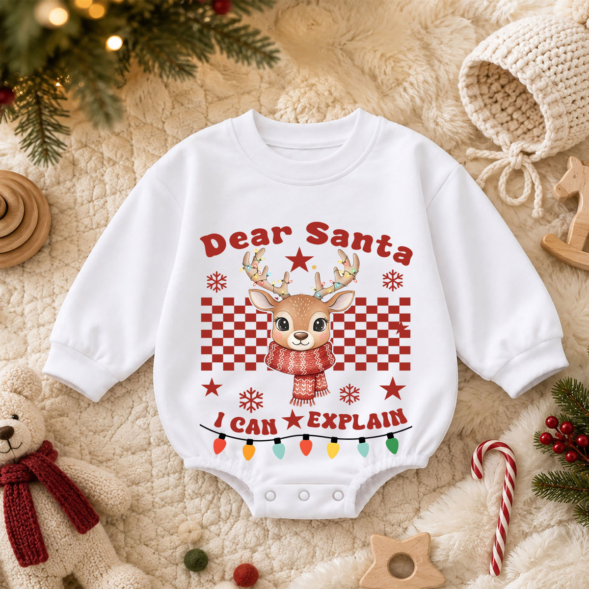 Dear Santa I Can Explain Reindeer Baby Romper, Funny Christmas Holiday Outfit, Toddler Xmas Clothes, Baby Gift — product view 3