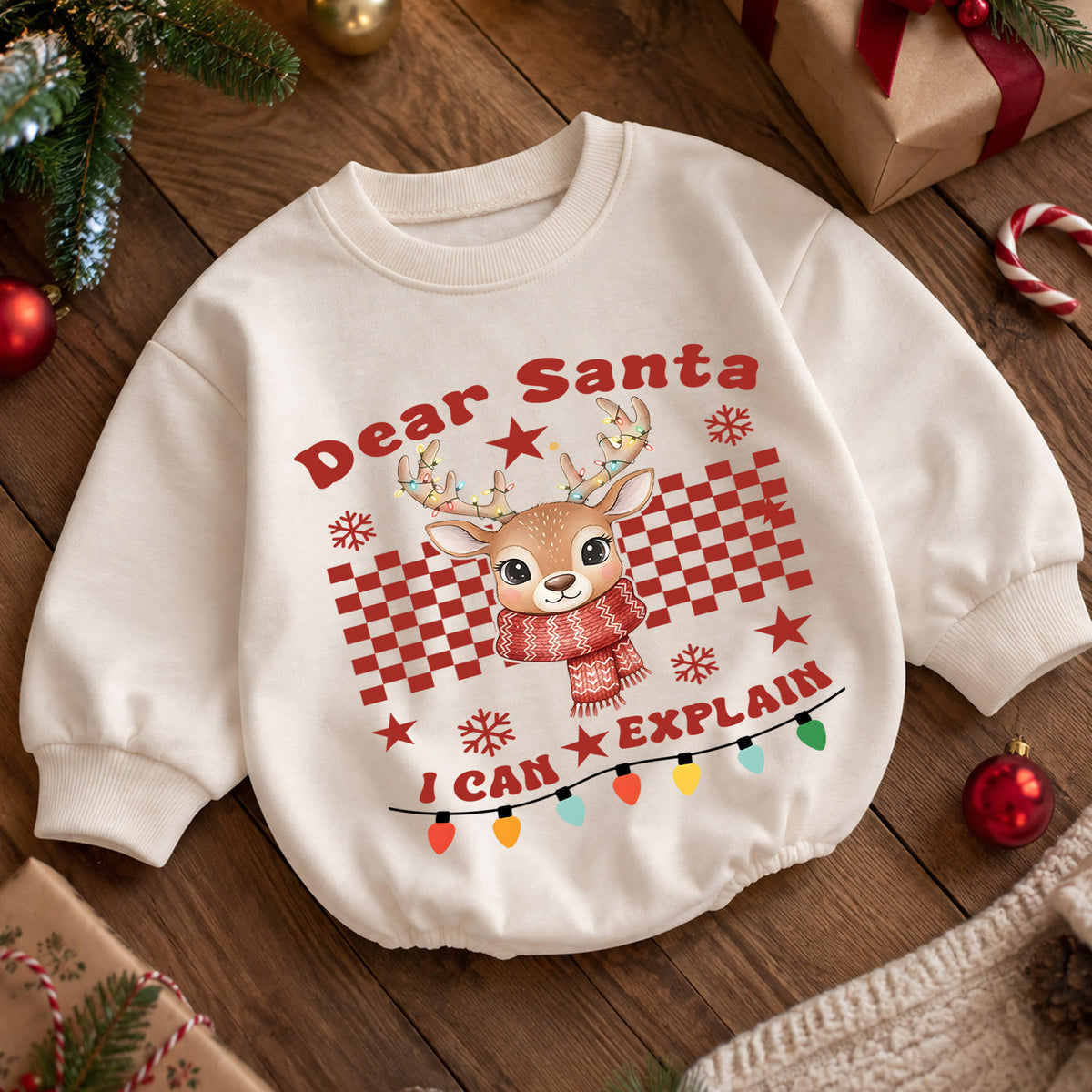 Dear Santa I Can Explain Reindeer Baby Romper, Funny Christmas Holiday Outfit, Toddler Xmas Clothes, Baby Gift — product view 5