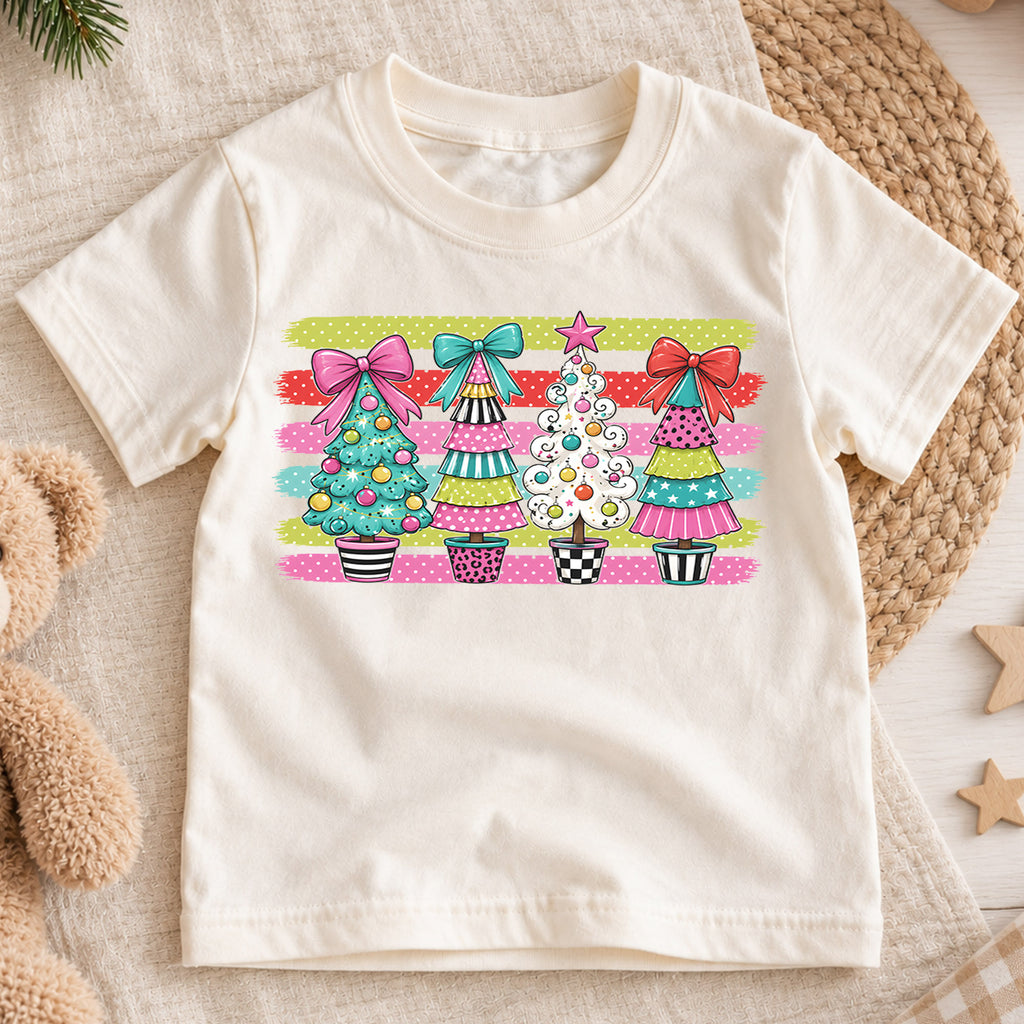 Preppy Christmas Tree Kids Shirt, Colorful Bow Holiday Tee, Girly Christmas Trees T Shirt, Cute Xmas Gift for Girls — product view 1