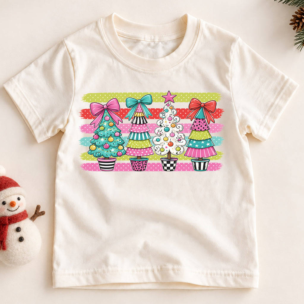 Preppy Christmas Tree Kids Shirt, Colorful Bow Holiday Tee, Girly Christmas Trees T Shirt, Cute Xmas Gift for Girls — product view 2
