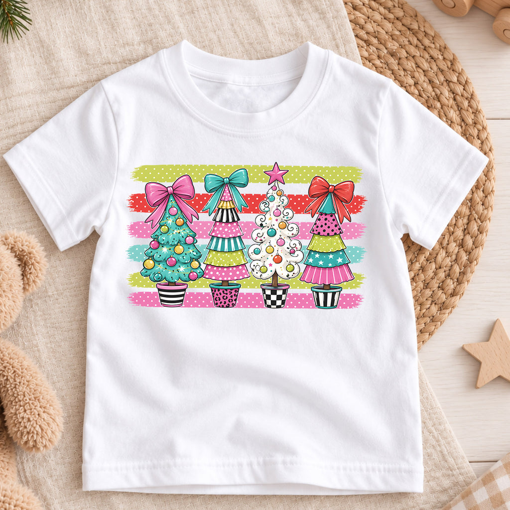 Preppy Christmas Tree Kids Shirt, Colorful Bow Holiday Tee, Girly Christmas Trees T Shirt, Cute Xmas Gift for Girls — product view 3