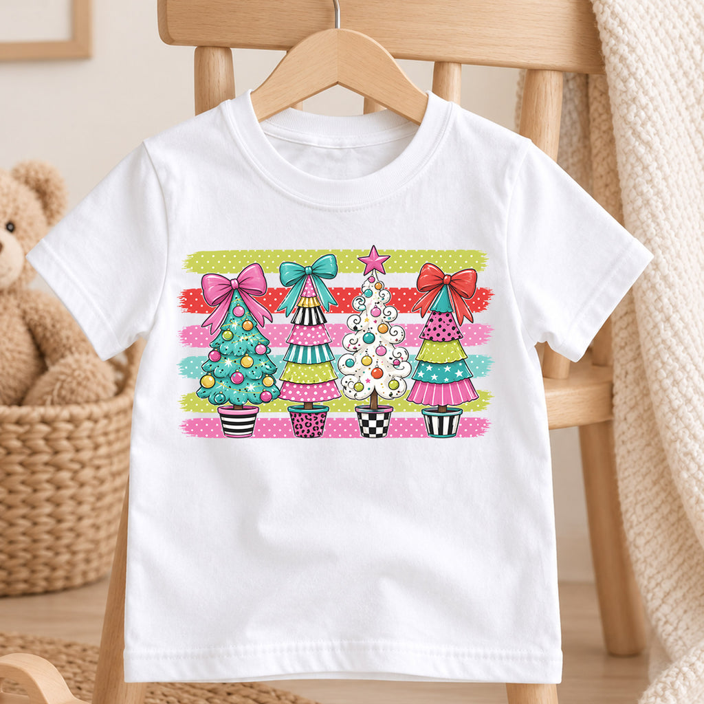 Preppy Christmas Tree Kids Shirt, Colorful Bow Holiday Tee, Girly Christmas Trees T Shirt, Cute Xmas Gift for Girls — product view 4