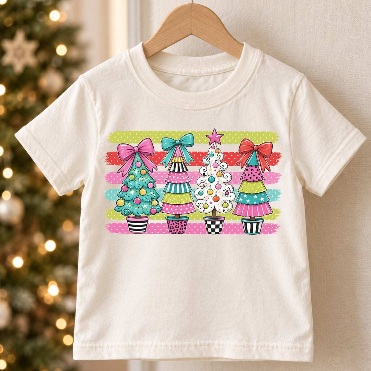Preppy Christmas Tree Kids Shirt, Colorful Bow Holiday Tee, Girly Christmas Trees T Shirt, Cute Xmas Gift for Girls — product view 5