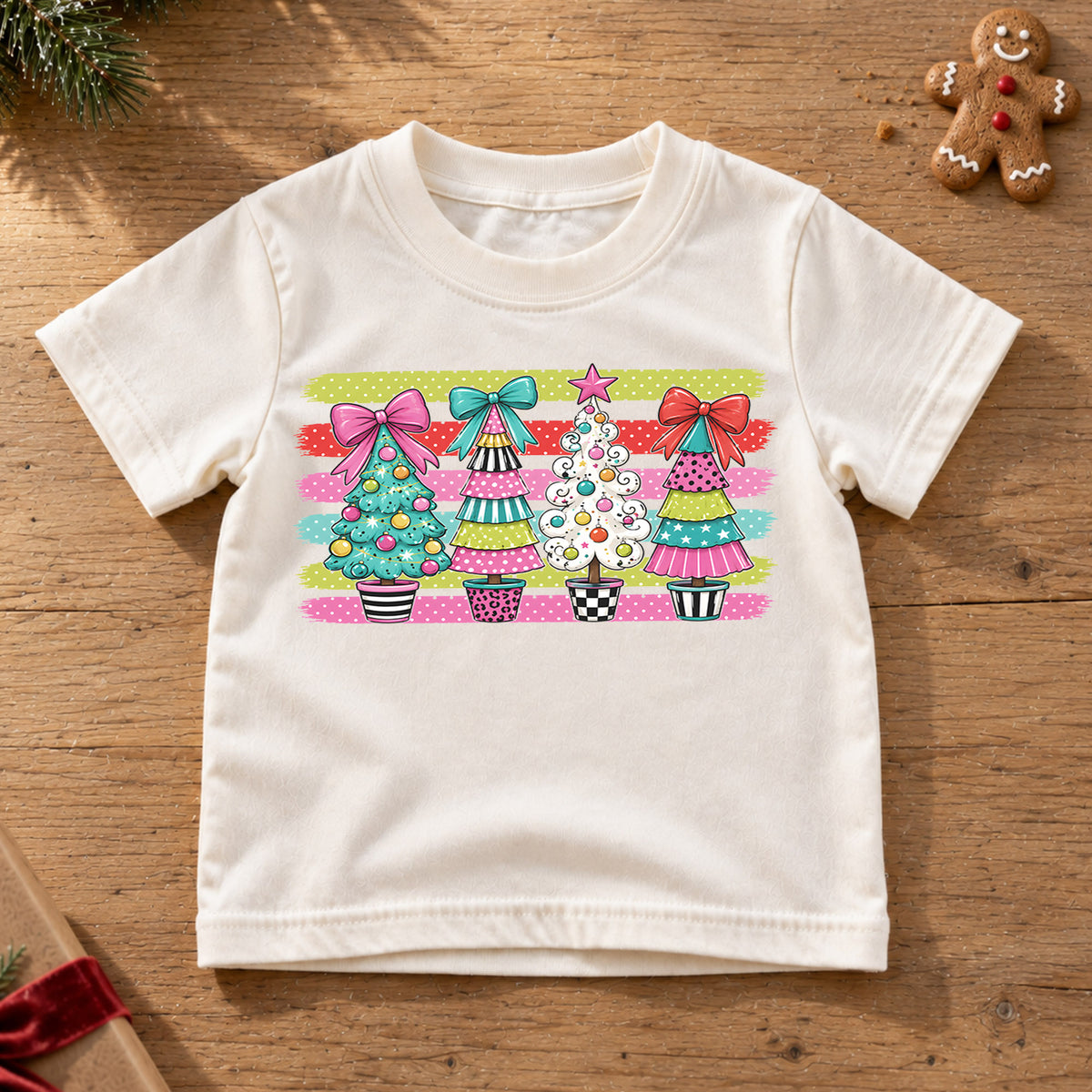 Preppy Christmas Tree Kids Shirt, Colorful Bow Holiday Tee, Girly Christmas Trees T Shirt, Cute Xmas Gift for Girls — product view 6
