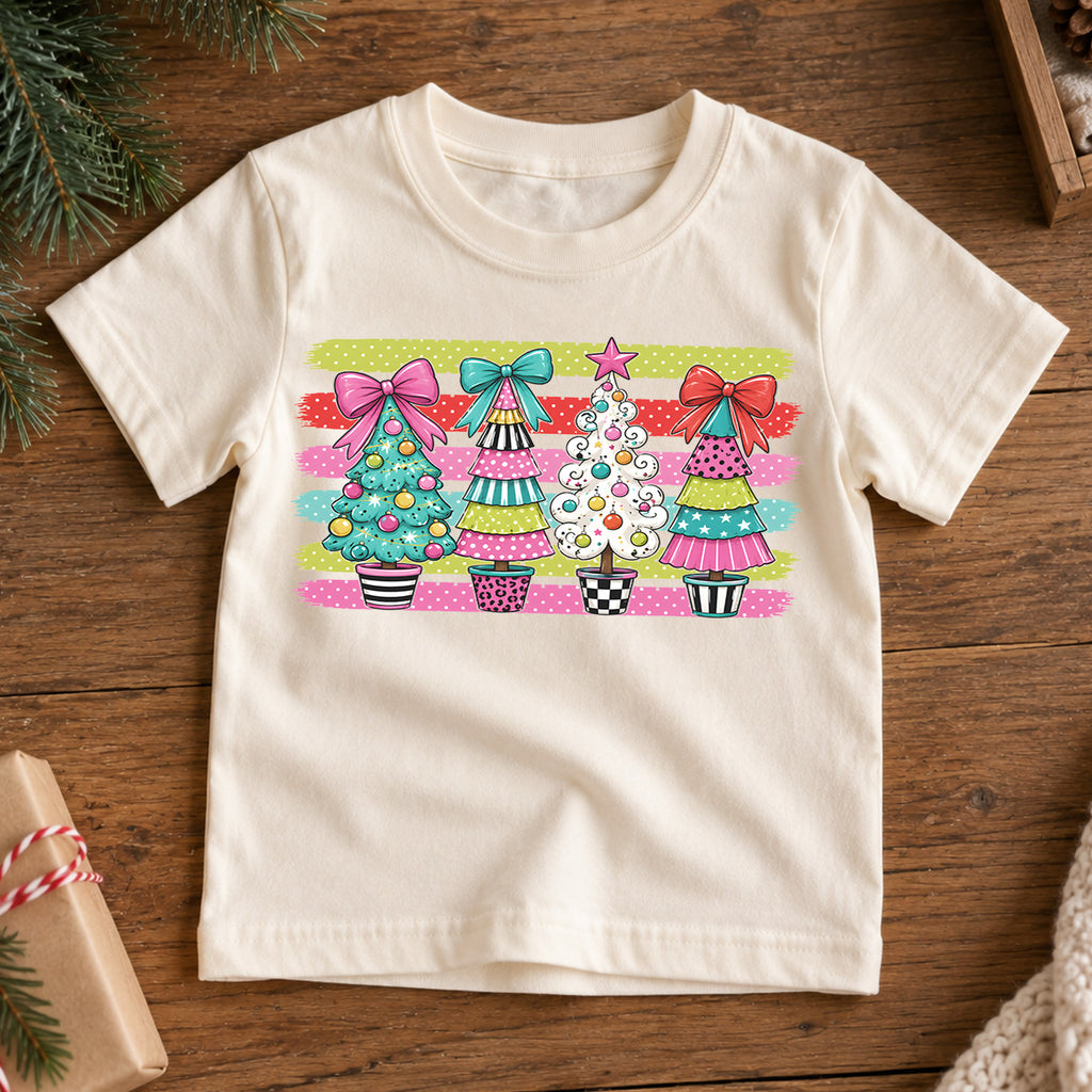 Preppy Christmas Tree Kids Shirt, Colorful Bow Holiday Tee, Girly Christmas Trees T Shirt, Cute Xmas Gift for Girls — product view 7
