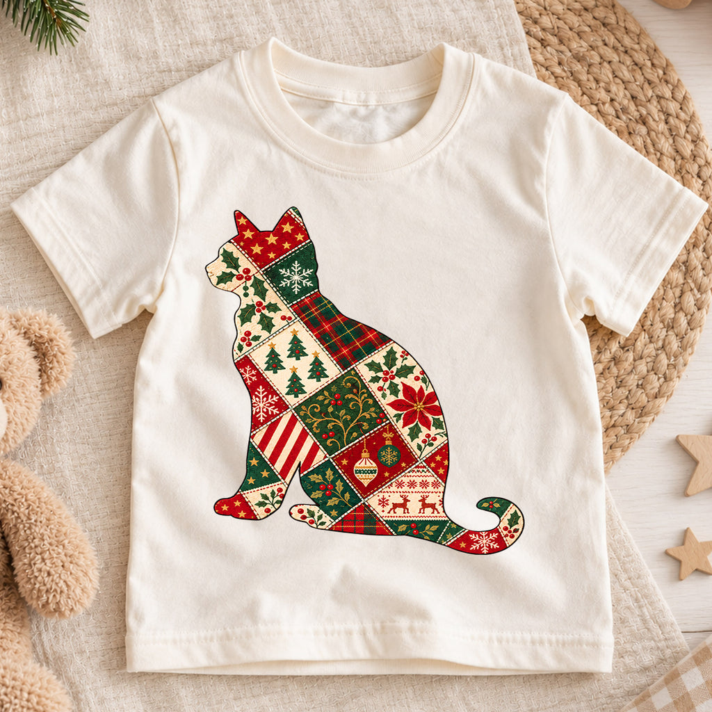Patchwork Christmas Cat Kids Shirt, Vintage Holiday Cat Tee, Christmas Kitty T Shirt, Cat Lover Xmas Gift — product view 1