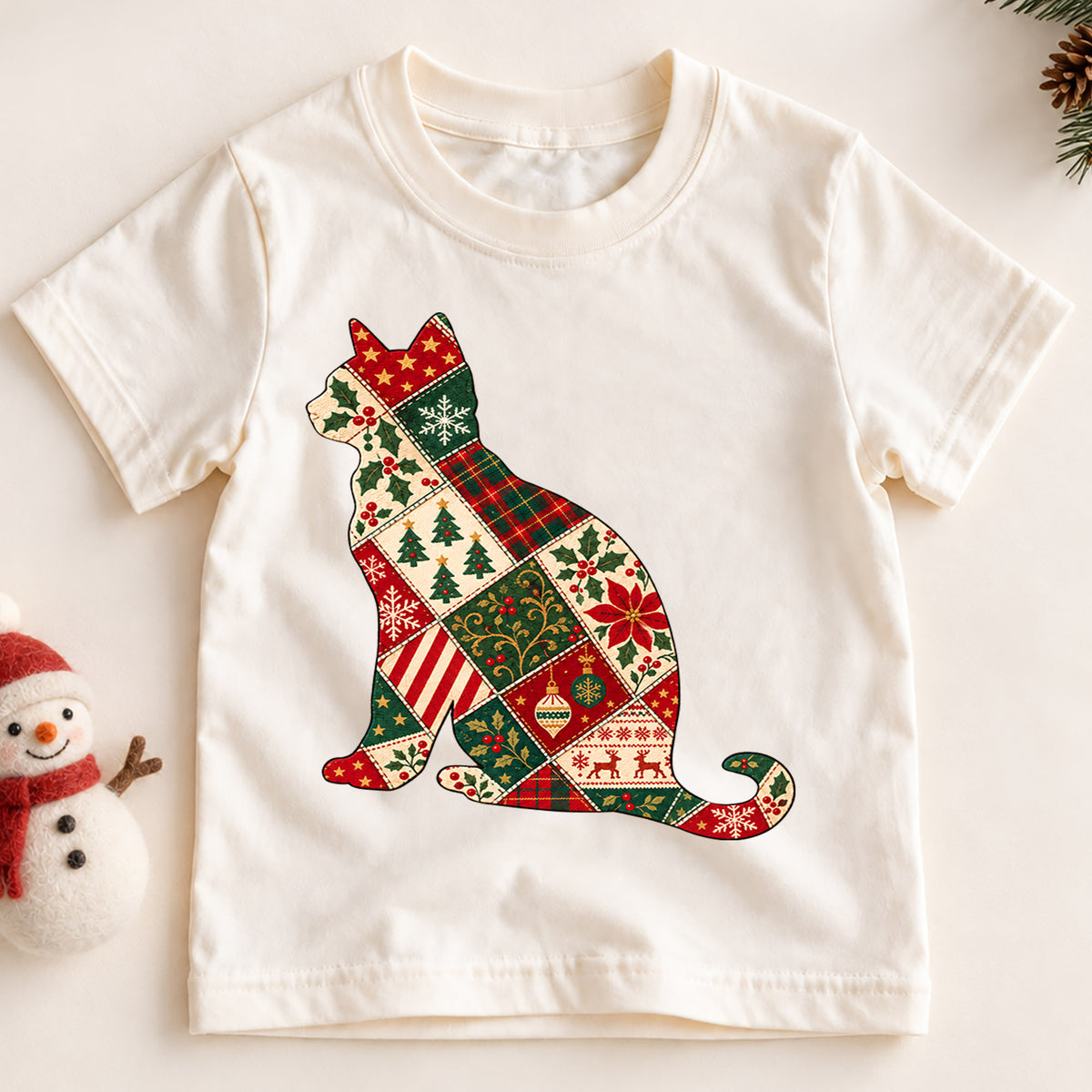 Patchwork Christmas Cat Kids Shirt, Vintage Holiday Cat Tee, Christmas Kitty T Shirt, Cat Lover Xmas Gift — product view 2