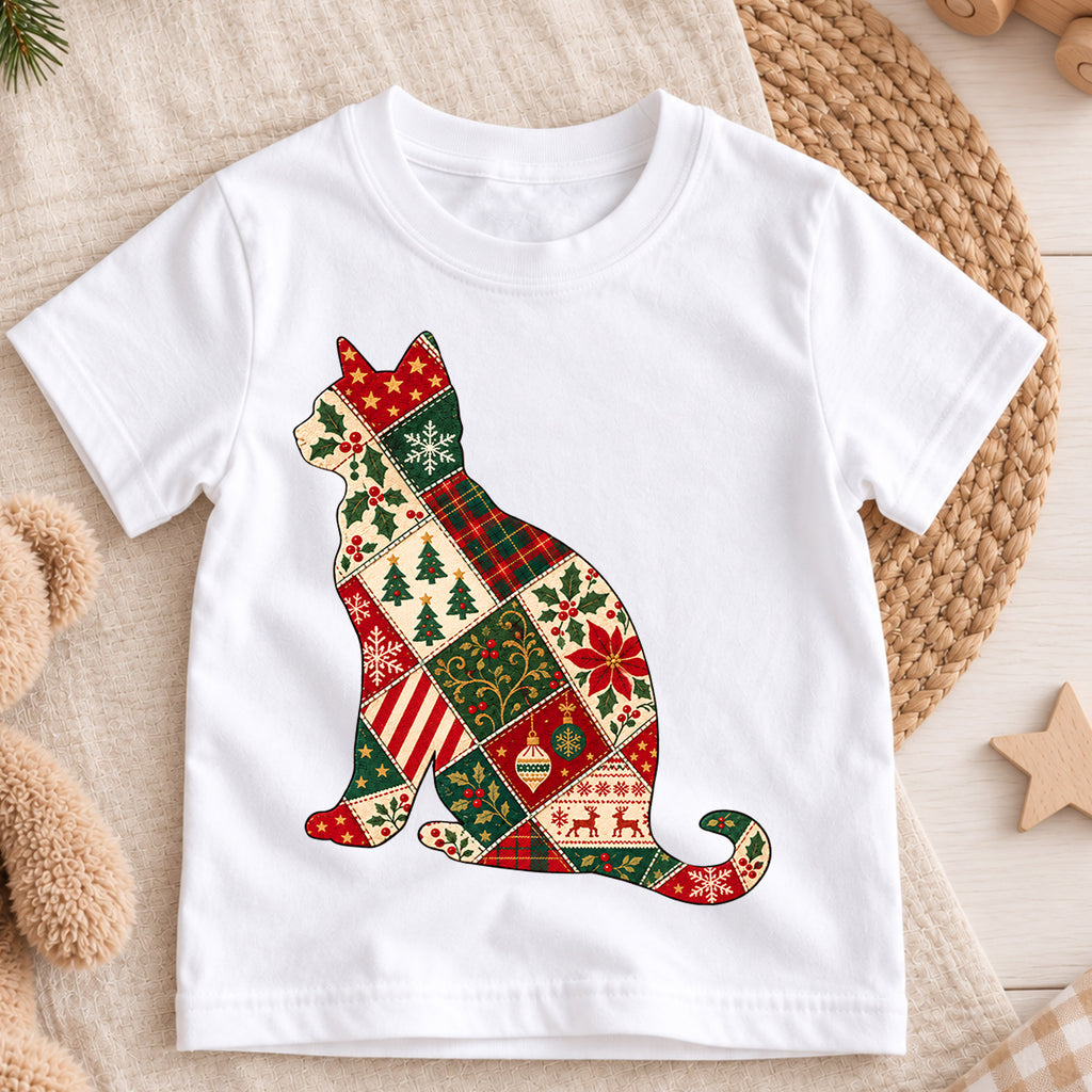Patchwork Christmas Cat Kids Shirt, Vintage Holiday Cat Tee, Christmas Kitty T Shirt, Cat Lover Xmas Gift — product view 3