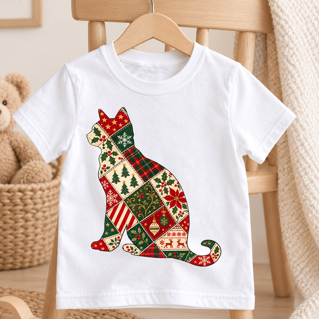 Patchwork Christmas Cat Kids Shirt, Vintage Holiday Cat Tee, Christmas Kitty T Shirt, Cat Lover Xmas Gift — product view 4
