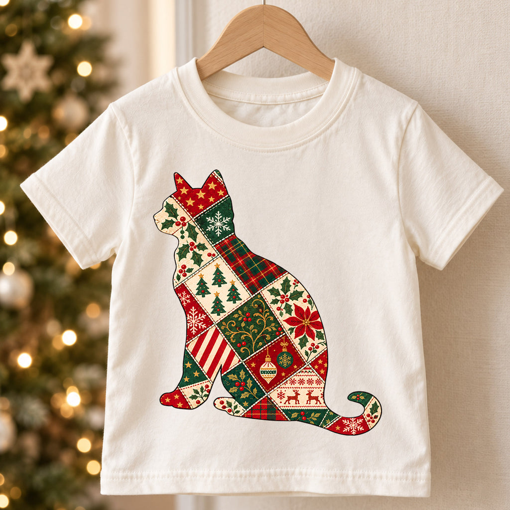 Patchwork Christmas Cat Kids Shirt, Vintage Holiday Cat Tee, Christmas Kitty T Shirt, Cat Lover Xmas Gift — product view 5