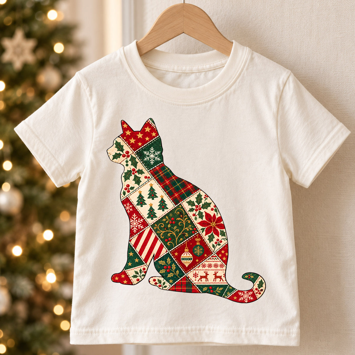 Patchwork Christmas Cat Kids Shirt, Vintage Holiday Cat Tee, Christmas Kitty T Shirt, Cat Lover Xmas Gift — product view 5