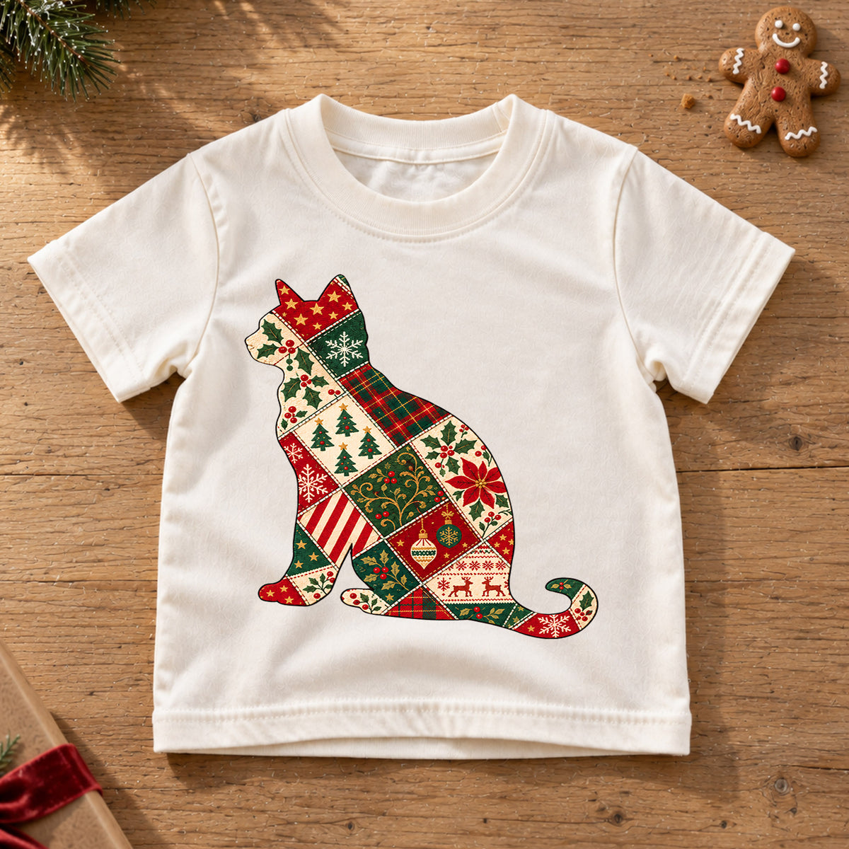 Patchwork Christmas Cat Kids Shirt, Vintage Holiday Cat Tee, Christmas Kitty T Shirt, Cat Lover Xmas Gift — product view 6