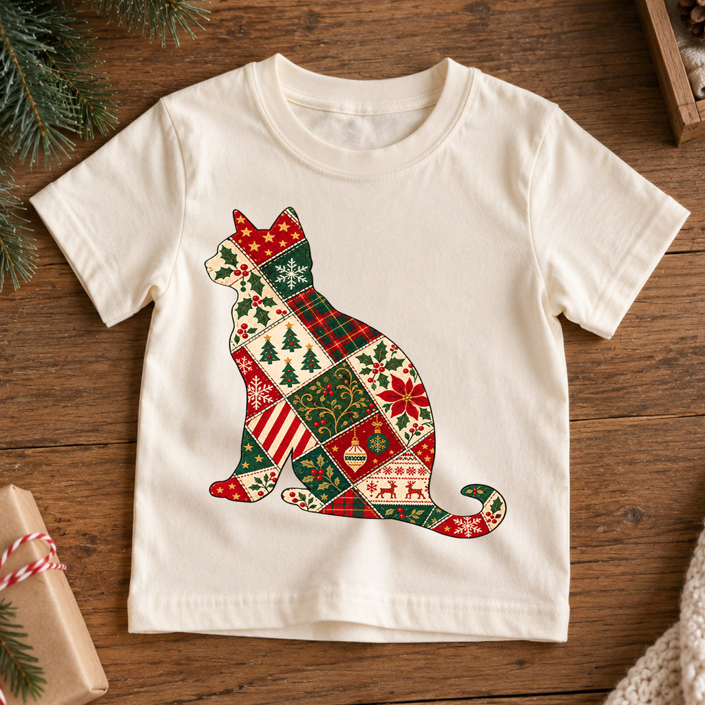 Patchwork Christmas Cat Kids Shirt, Vintage Holiday Cat Tee, Christmas Kitty T Shirt, Cat Lover Xmas Gift — product view 7