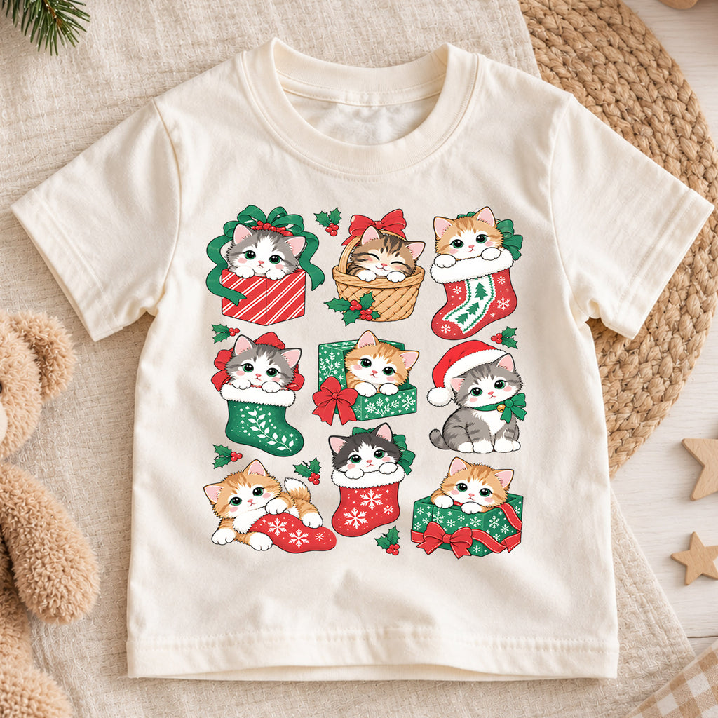 Christmas Cats Kids Shirt, Cute Kittens Holiday Tee, Cats in Stockings and Gifts T Shirt, Xmas Gift for Cat Lovers — product view 1