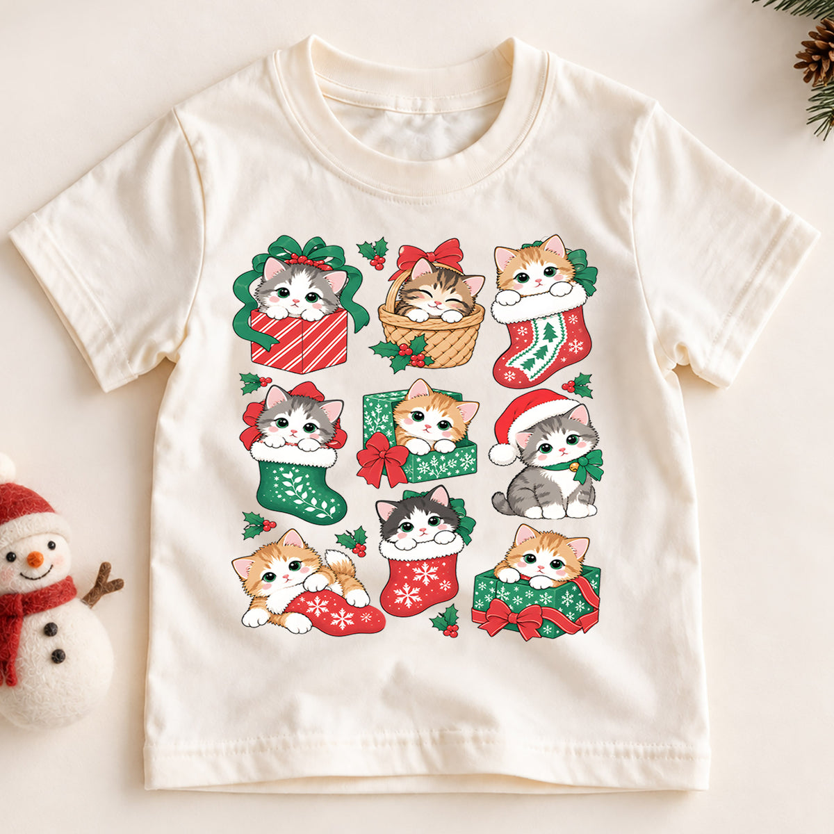 Christmas Cats Kids Shirt, Cute Kittens Holiday Tee, Cats in Stockings and Gifts T Shirt, Xmas Gift for Cat Lovers — product view 2
