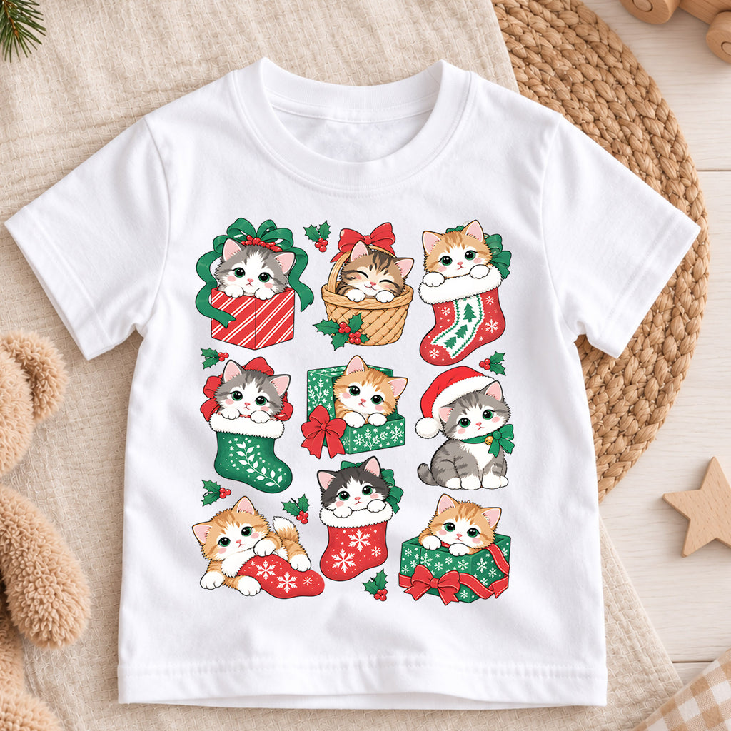 Christmas Cats Kids Shirt, Cute Kittens Holiday Tee, Cats in Stockings and Gifts T Shirt, Xmas Gift for Cat Lovers — product view 3