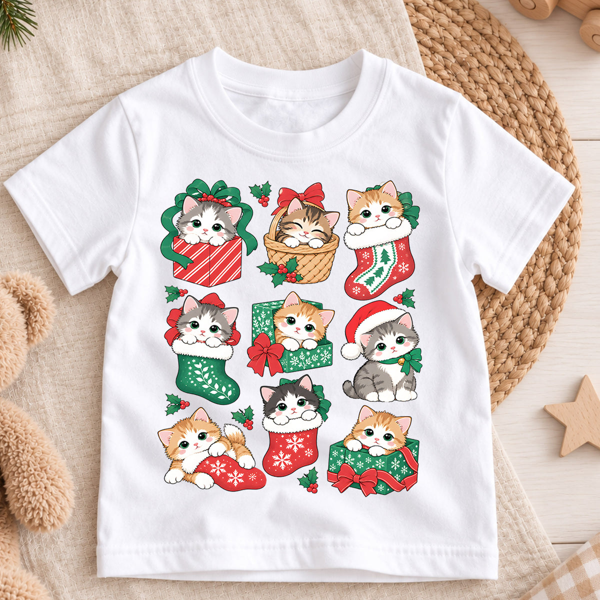 Christmas Cats Kids Shirt, Cute Kittens Holiday Tee, Cats in Stockings and Gifts T Shirt, Xmas Gift for Cat Lovers — product view 3