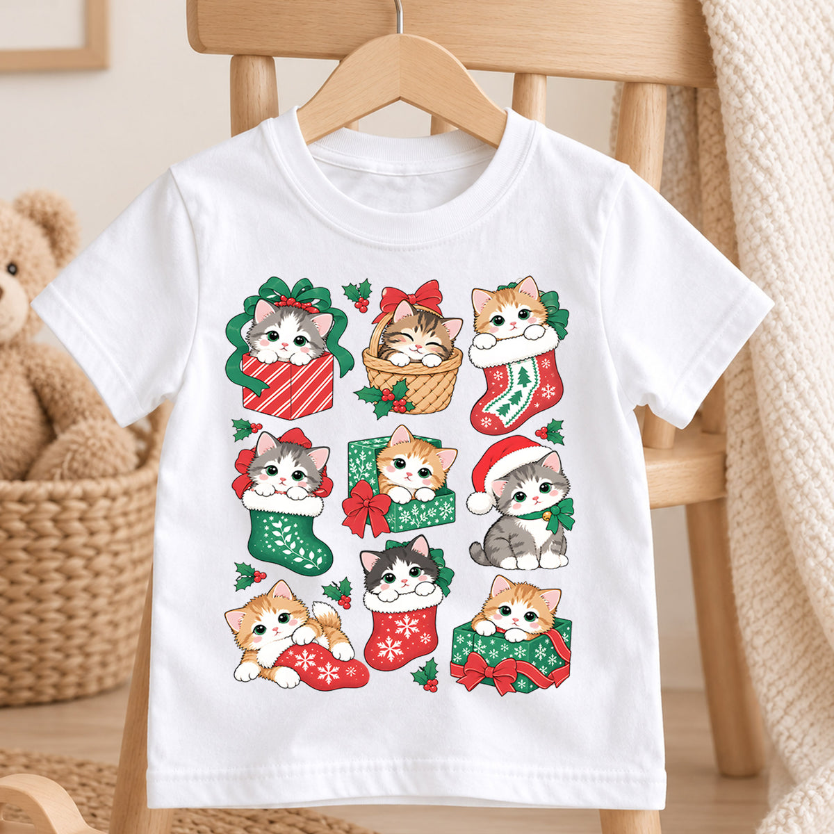 Christmas Cats Kids Shirt, Cute Kittens Holiday Tee, Cats in Stockings and Gifts T Shirt, Xmas Gift for Cat Lovers — product view 4