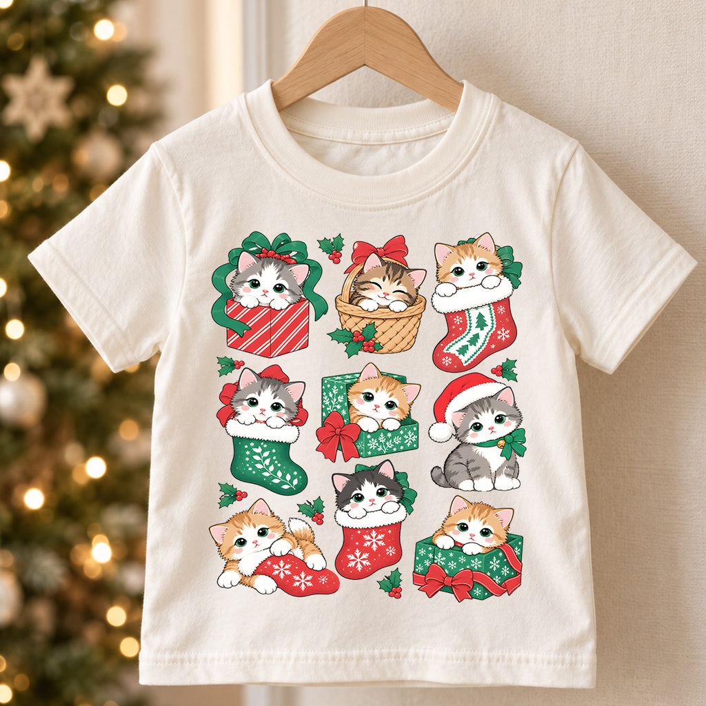 Christmas Cats Kids Shirt, Cute Kittens Holiday Tee, Cats in Stockings and Gifts T Shirt, Xmas Gift for Cat Lovers — product view 5