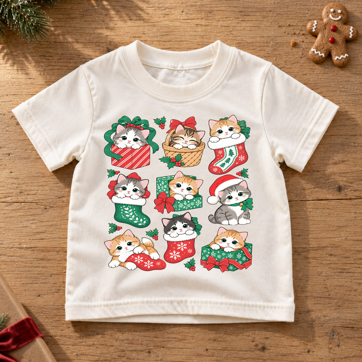 Christmas Cats Kids Shirt, Cute Kittens Holiday Tee, Cats in Stockings and Gifts T Shirt, Xmas Gift for Cat Lovers — product view 6