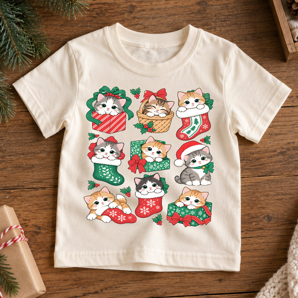 Christmas Cats Kids Shirt, Cute Kittens Holiday Tee, Cats in Stockings and Gifts T Shirt, Xmas Gift for Cat Lovers — product view 7