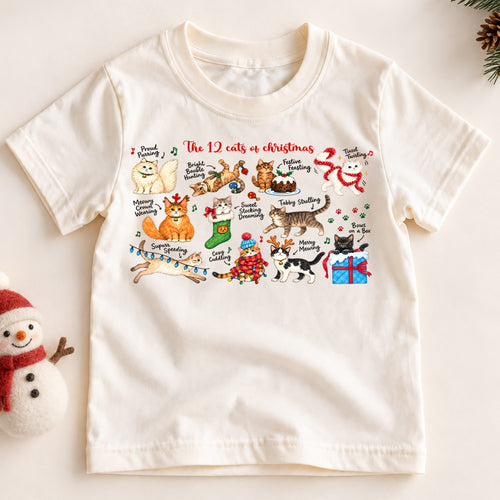 12 Cats of Christmas Kids Shirt, Funny Cat Christmas Tee, Holiday Kitty T Shirt, Christmas Gift for Cat Lovers — product view 2
