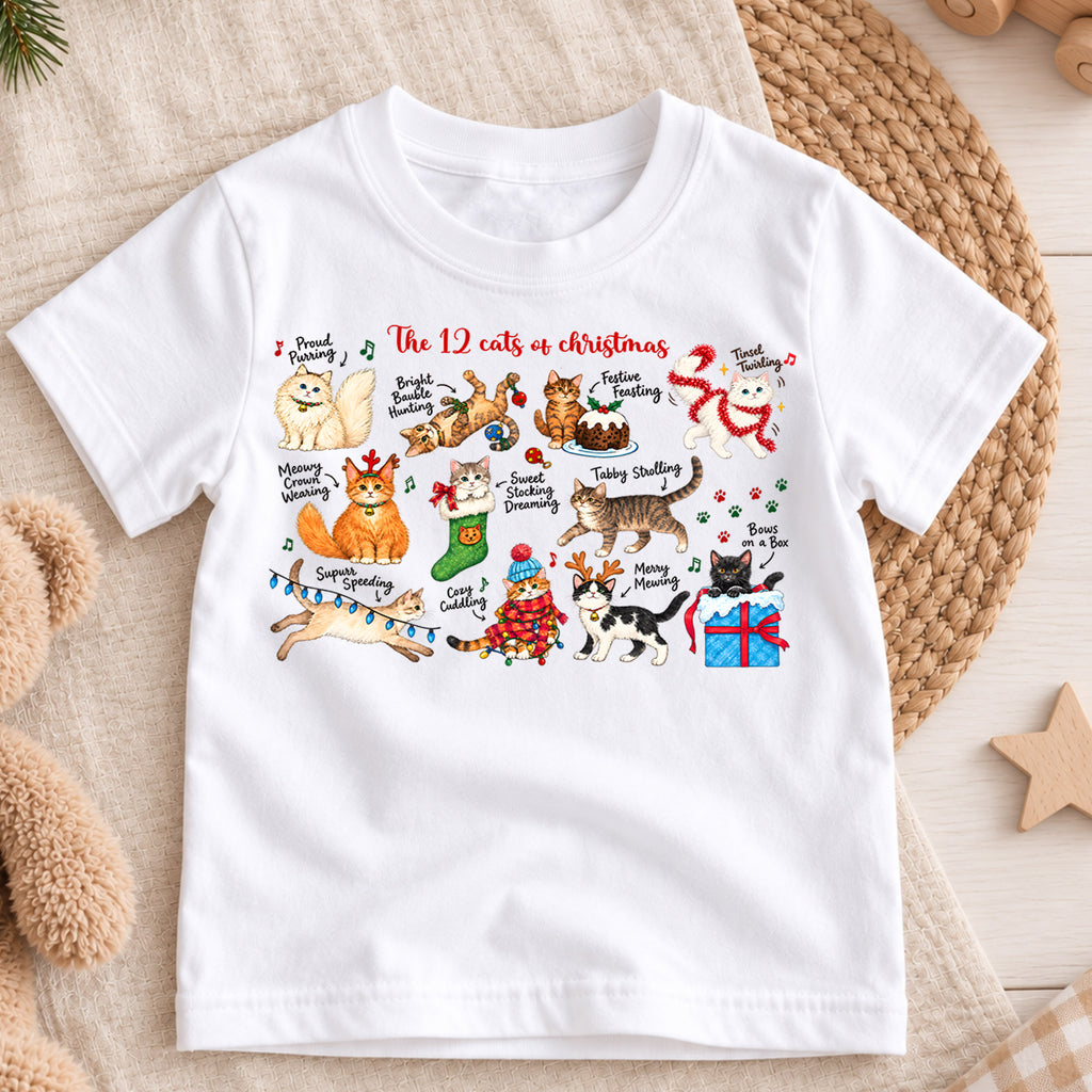 12 Cats of Christmas Kids Shirt, Funny Cat Christmas Tee, Holiday Kitty T Shirt, Christmas Gift for Cat Lovers — product view 3