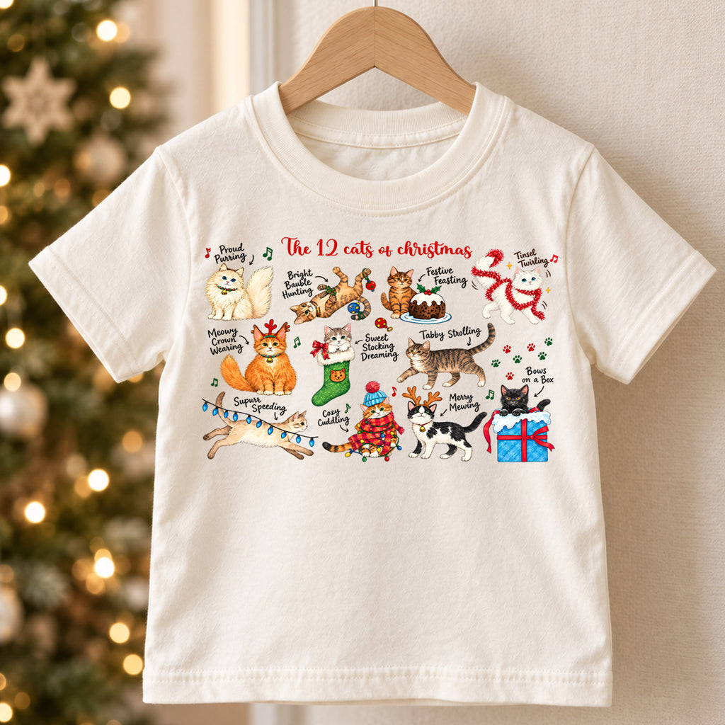 12 Cats of Christmas Kids Shirt, Funny Cat Christmas Tee, Holiday Kitty T Shirt, Christmas Gift for Cat Lovers — product view 5