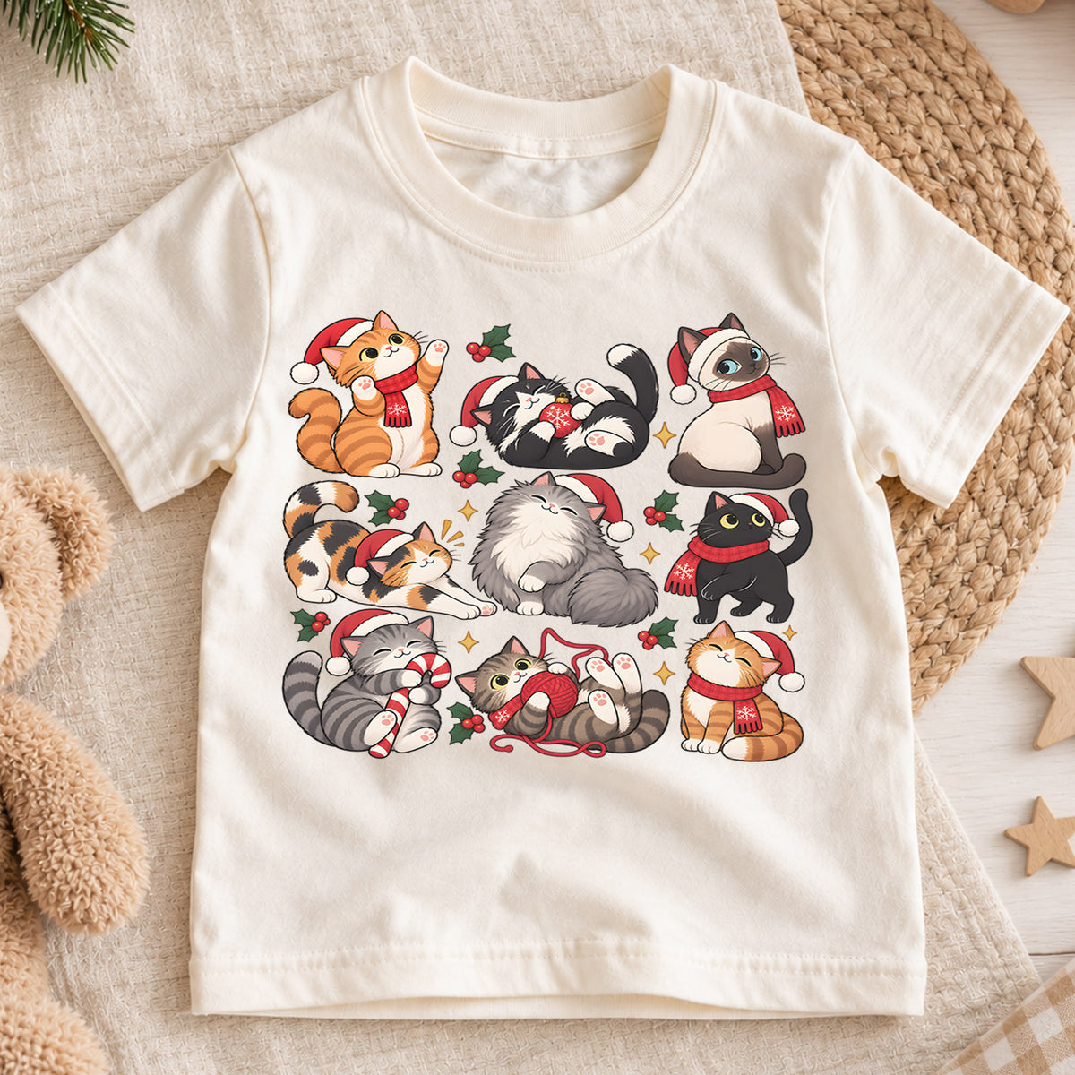 Christmas Cats Kids Shirt, Cute Santa Hat Kittens Tee, Holiday Cat T Shirt, Funny Xmas Gift for Cat Lovers — product view 1