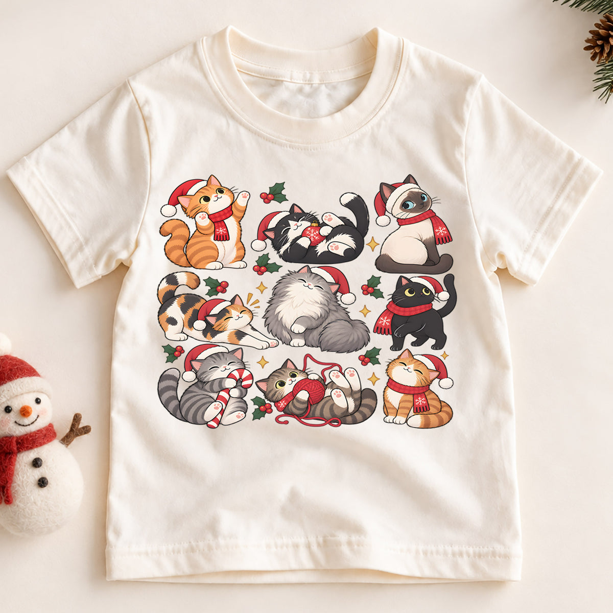 Christmas Cats Kids Shirt, Cute Santa Hat Kittens Tee, Holiday Cat T Shirt, Funny Xmas Gift for Cat Lovers — product view 2