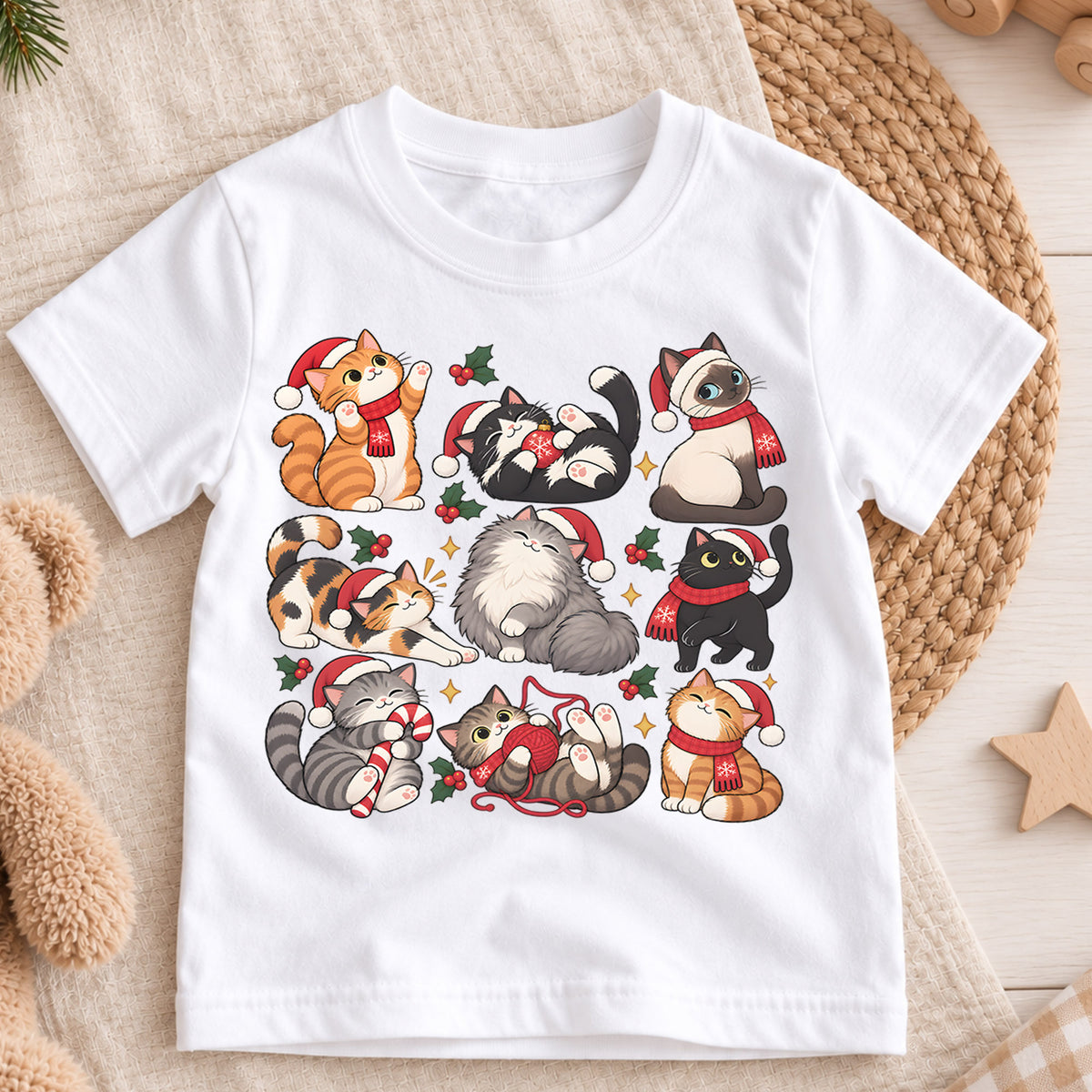 Christmas Cats Kids Shirt, Cute Santa Hat Kittens Tee, Holiday Cat T Shirt, Funny Xmas Gift for Cat Lovers — product view 3