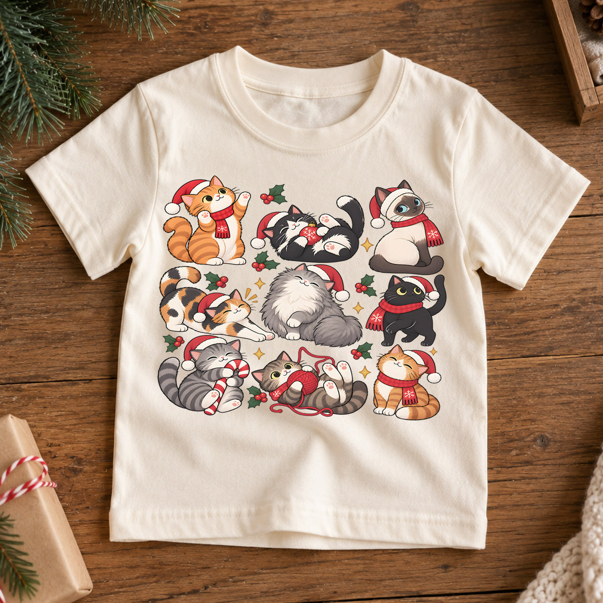 Christmas Cats Kids Shirt, Cute Santa Hat Kittens Tee, Holiday Cat T Shirt, Funny Xmas Gift for Cat Lovers — product view 7
