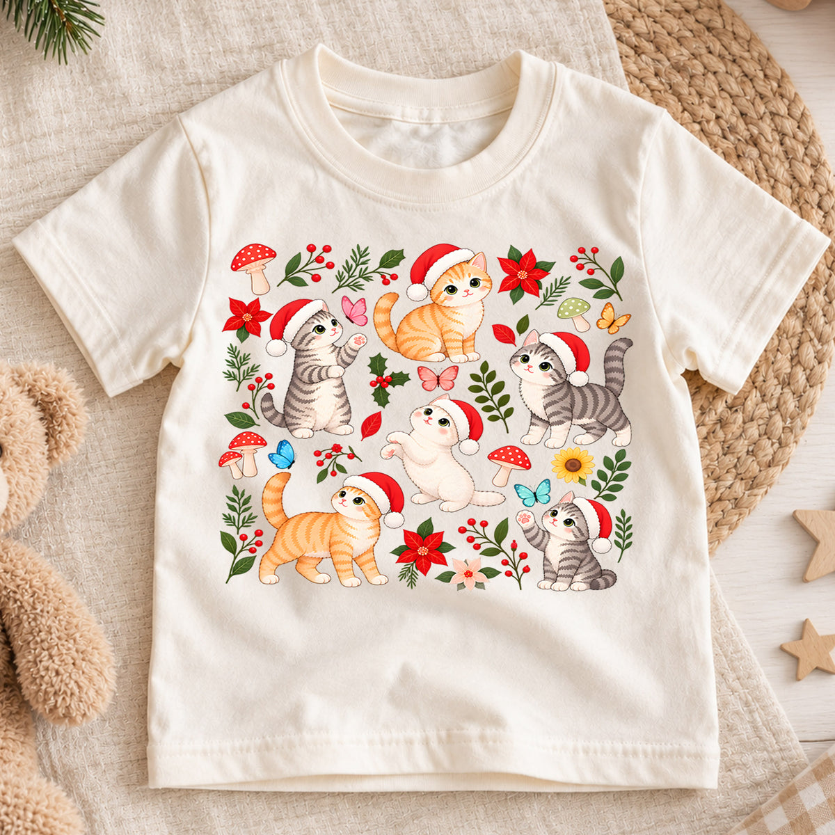 Christmas Cat Kids Shirt, Santa Hat Kittens Tee, Cute Botanical Cat Christmas T Shirt, Holiday Gift for Cat Lovers — product view 1