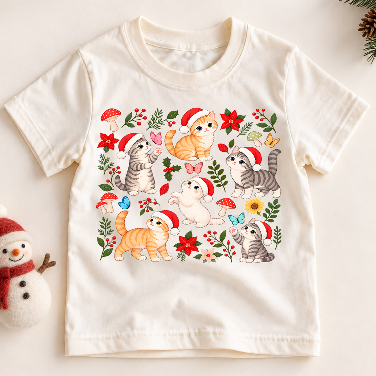 Christmas Cat Kids Shirt, Santa Hat Kittens Tee, Cute Botanical Cat Christmas T Shirt, Holiday Gift for Cat Lovers — product view 2